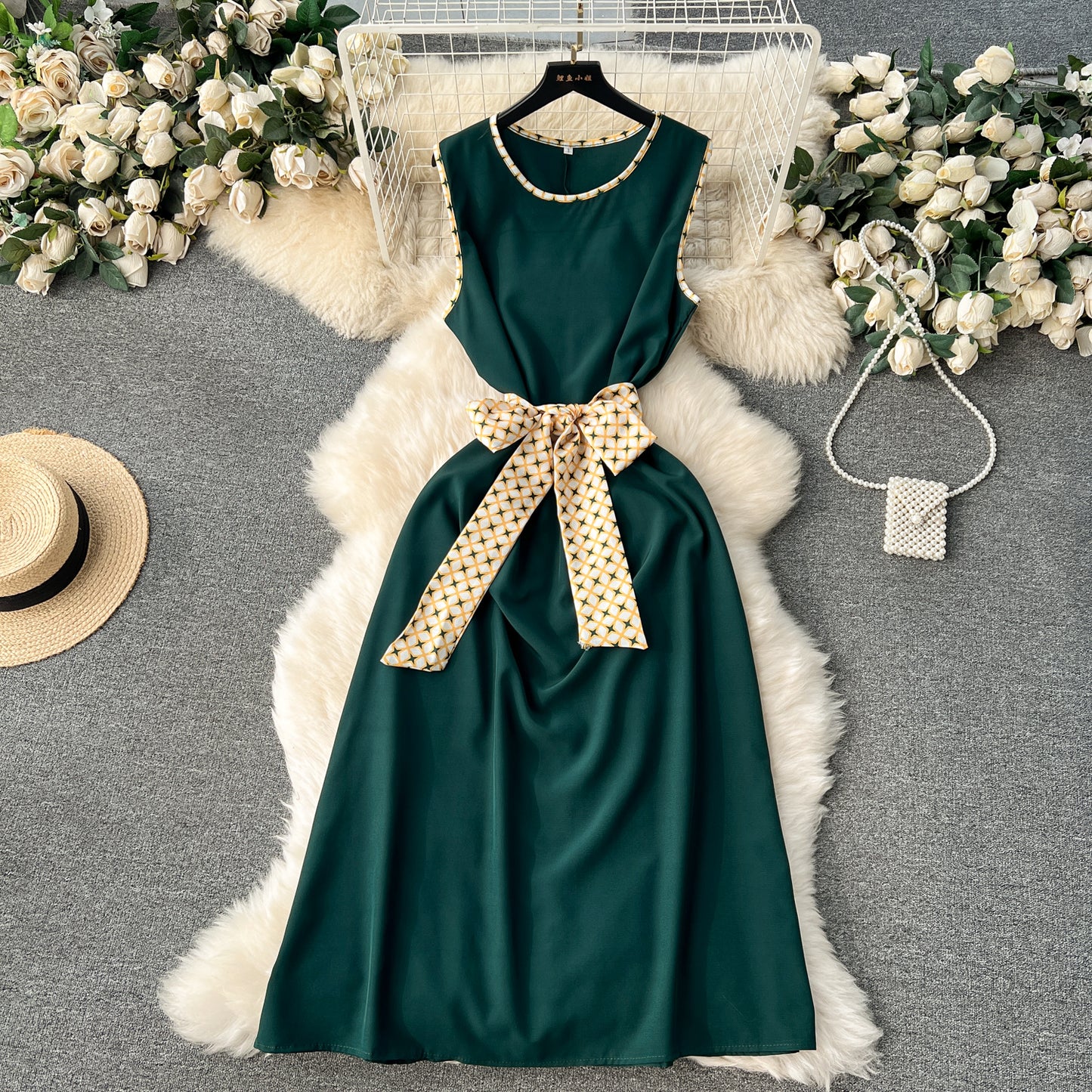 European and American style two-piece dress with printed shawl coat, sleeveless vest dress R2232