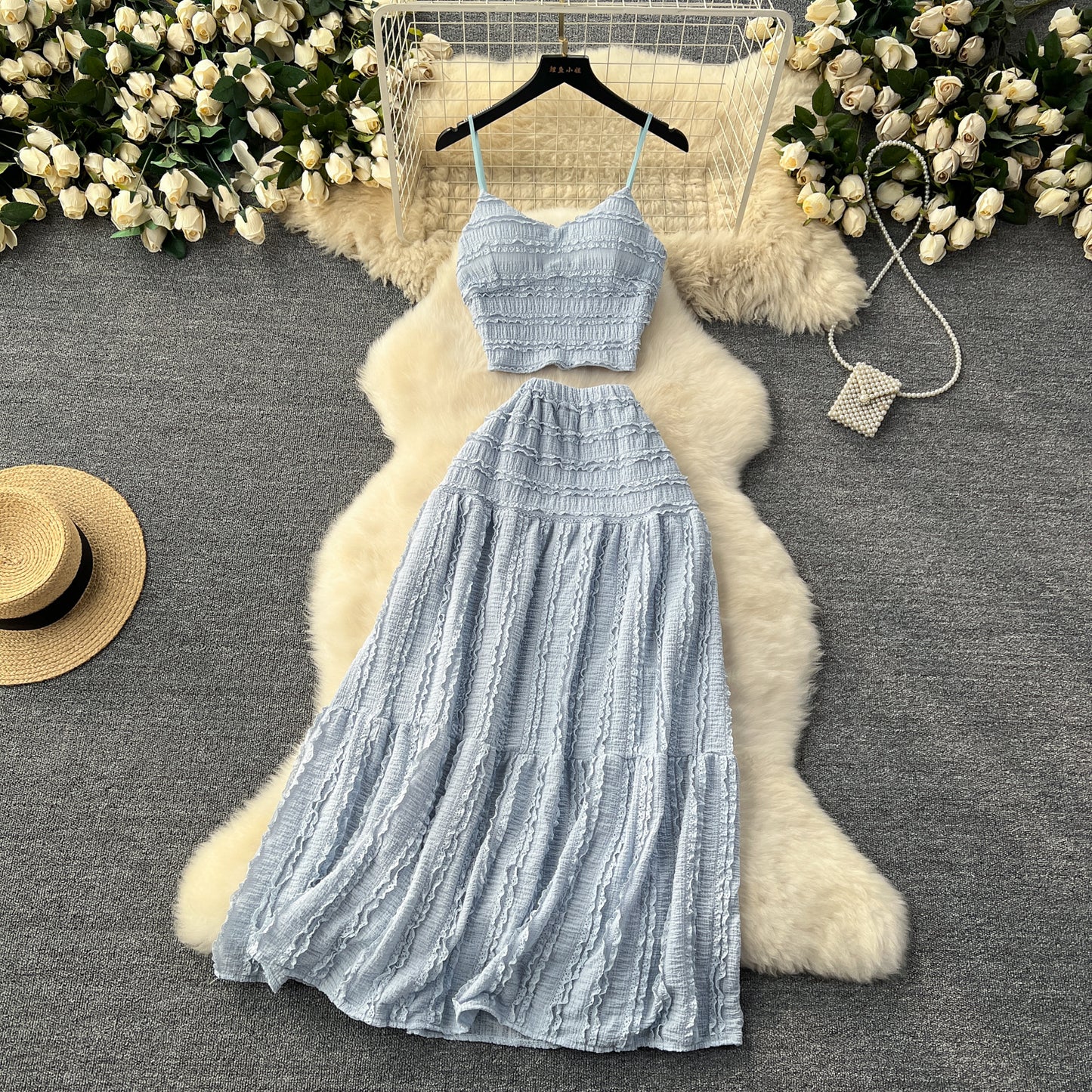 Age-reducing suit 2025 new suspender top short versatile swing skirt two-piece suit trendy R2131
