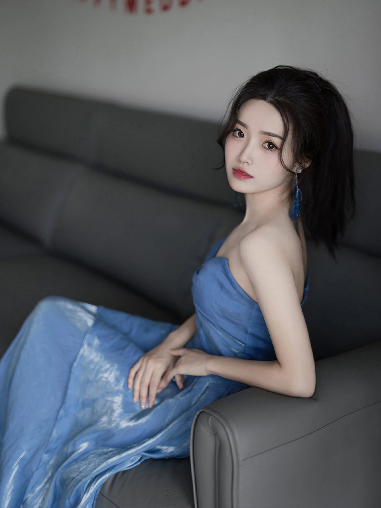 Dress blue wedding banquet high-end banquet temperament slim tube top dress R1624