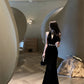 Hepburn style black dress high-end niche temperament heavy fishtail halter neck dress R1774