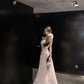 Gentle style pink floral hollow one-shoulder dress with waist A-line long skirt R0612