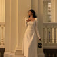 White square neck dress for women new style pleated waist party dress     S5584