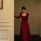 red square neck dress new retro long dress      S5557