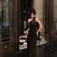 Black one-shoulder ribbon dress women evening party dress    S5508