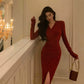 Red V-neck knitted dress for women, party dress     S5533