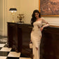 French long-sleeved floral dress for women new sexy square neck slit long dress     S5531