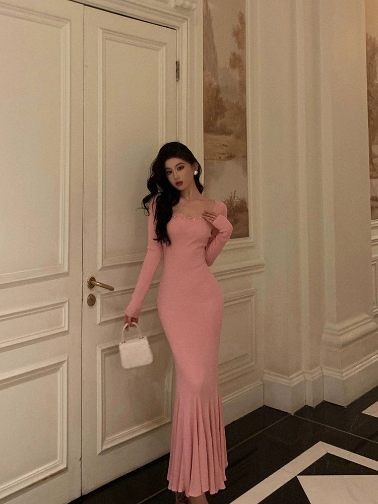 Pink knitted dress for women new style mermaid long party dress      S5578