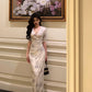 Gentle style V-neck printed dress for women evening dress    S5502