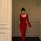 Red scarf knitted dress new retro square neck dress     S5534