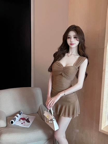 French pure desire style sexy mesh dress ruffled slim fit hip-hugging short skirt vest skirt R3630