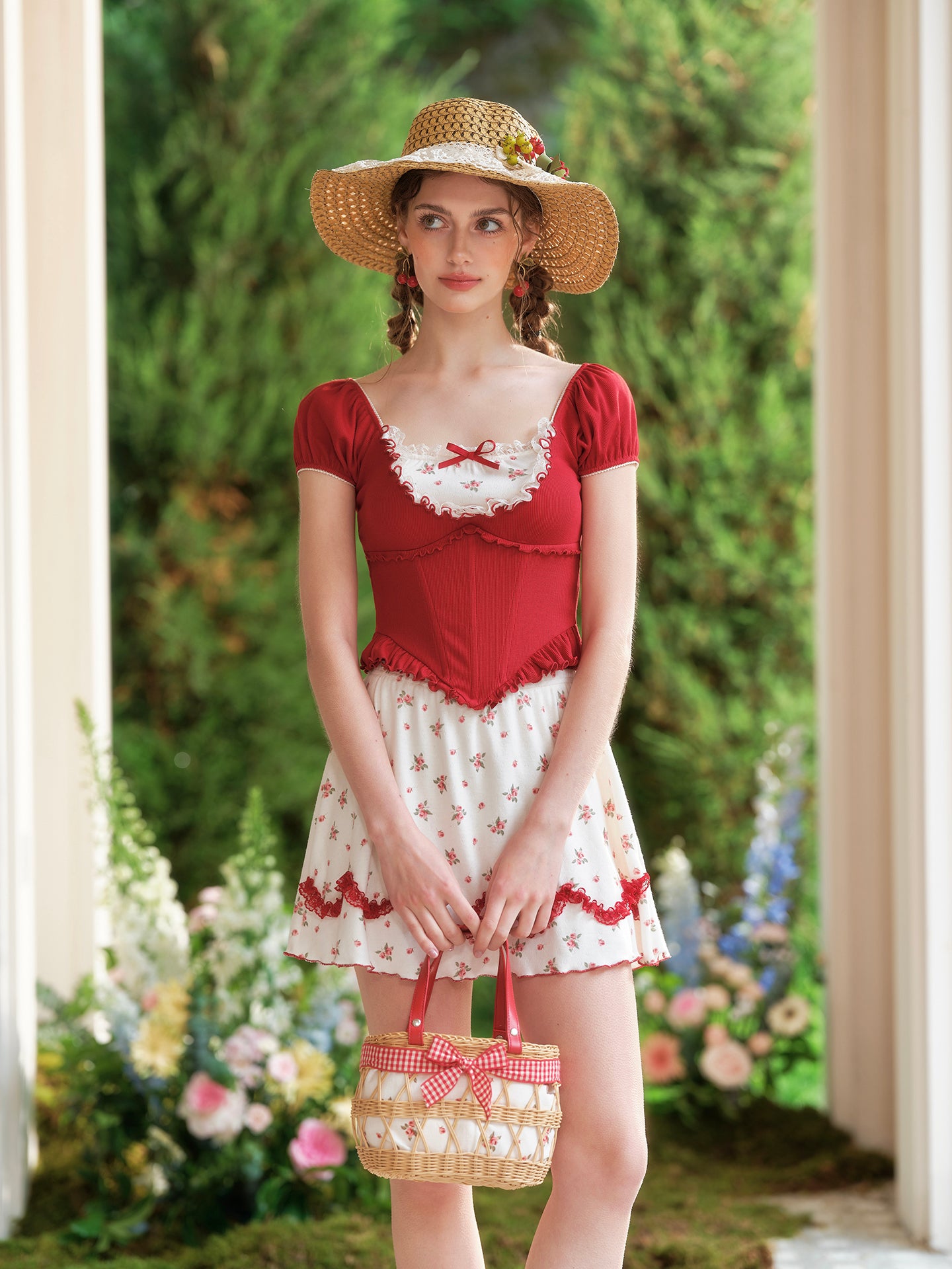 French style age-reducing college petite red short-sleeved top polka dot skirt suit homecoming dress R5142