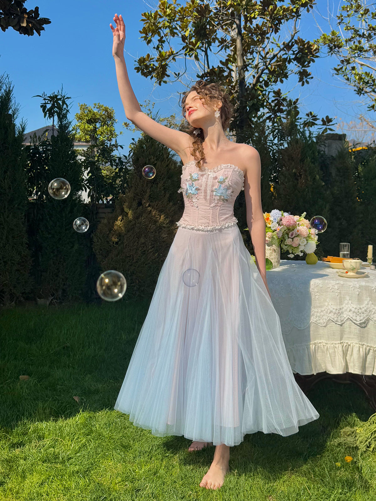 French sweet light spring pink blue tube top fishbone bra mesh skirt suit homecoming dress R5146