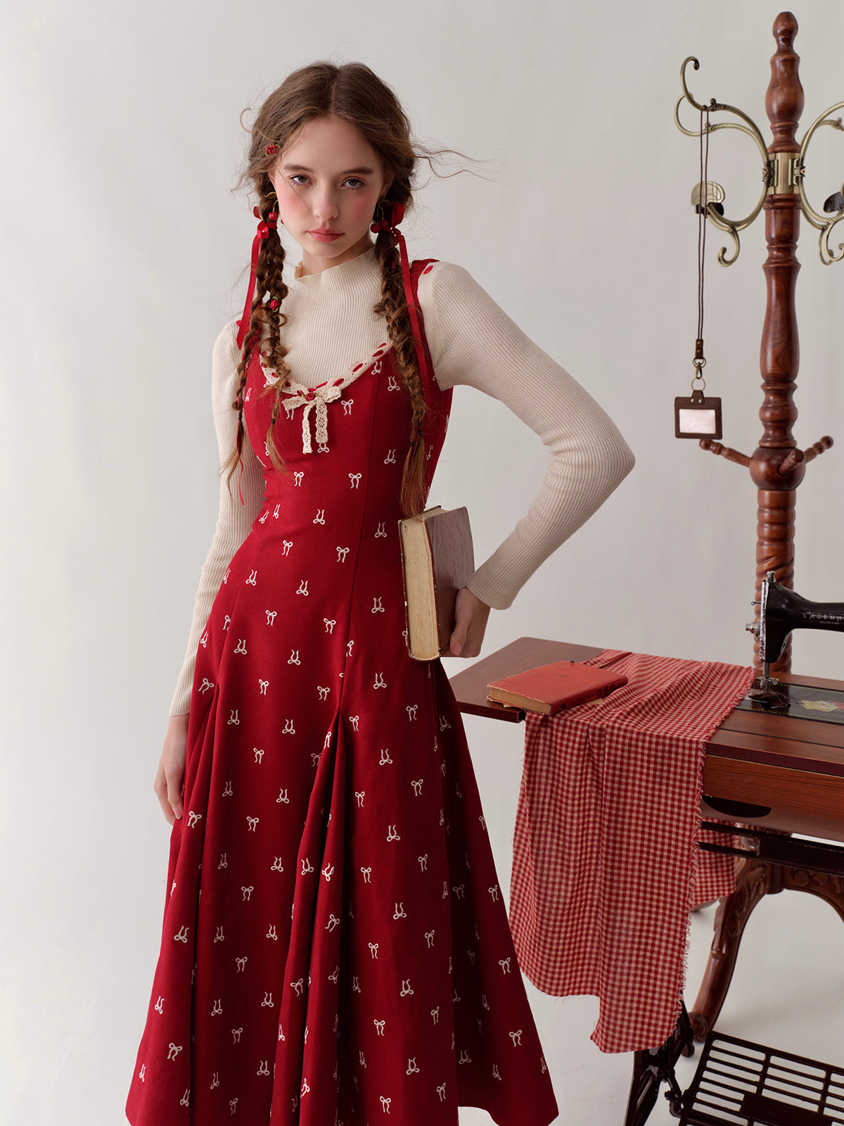 French girl playful bow red waist dress atmosphere homecoming dress R5147