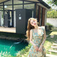 Green oil painting waist dress holiday design suspenders floral dress women summer R3909