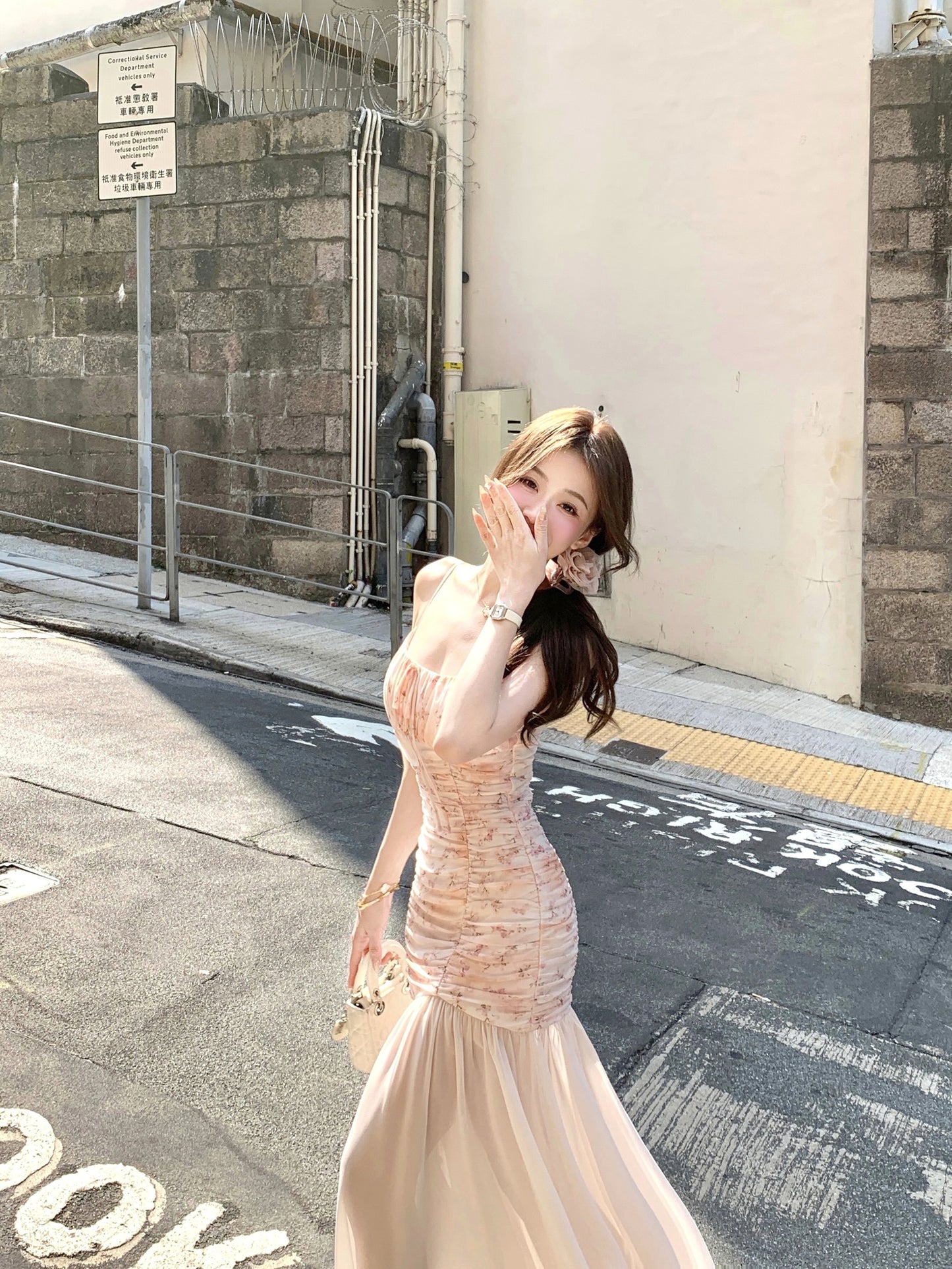 Design sense waist floral sling fishtail dress big swing gauze skirt long summer R3908