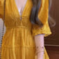 Yellow v-neck dress new style seaside holiday temperament waist a-line skirt R0678