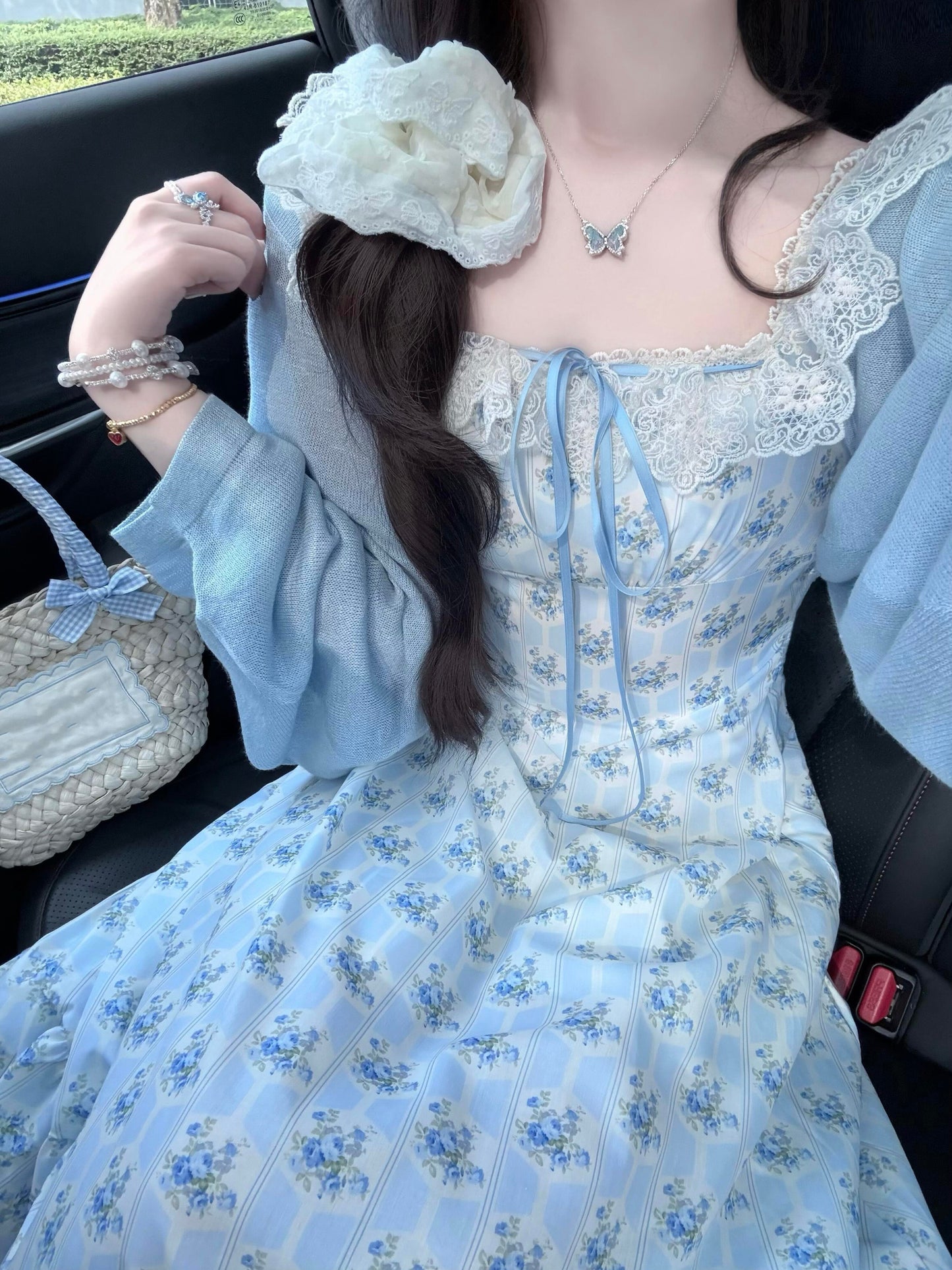 Gentle temperament blue floral dress new style beautiful small skirt R0684