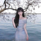 Blue floral one-shoulder dress, gentle temperament, beautiful waist and hip skirt R0686