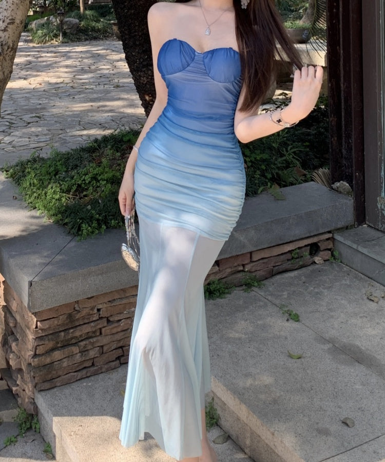 Blue gradient tube top dress 2025 new waist slim fit hip skirt R0563