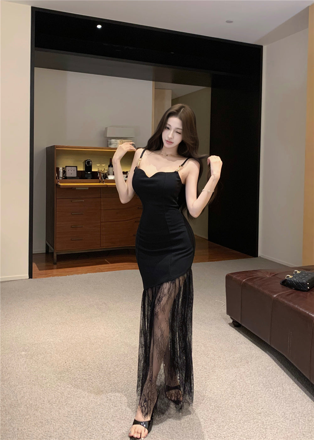 Blue jacquard suspender dress two-piece set beautiful waist slim hip skirt R0565