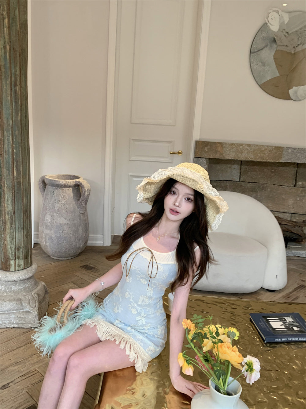 Blue jacquard suspender dress two-piece set beautiful waist slim hip skirt R0564