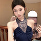 Blue halter dress with rhinestones, slim waist, A-line short dress R0571