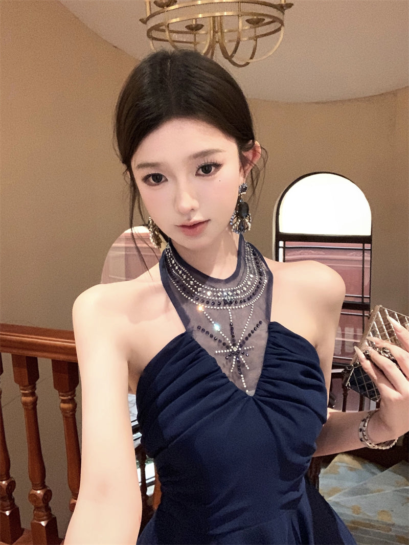 Blue halter dress with rhinestones, slim waist, A-line short dress R0571