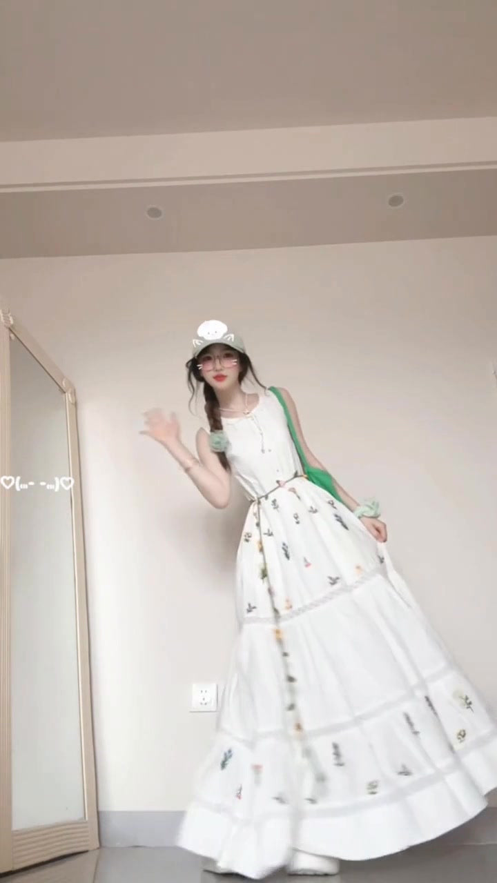 Sleeveless vest floral dress gentle temperament waist A-line long skirt R0709