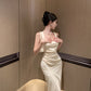 Square neck suspender dress with elegant waist, slim fit and hip-hugging high-end skirt R1453