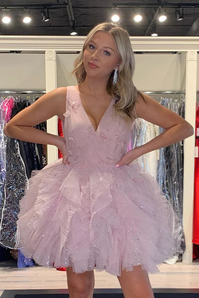 Pink V Neck Sleeveless Sequined Ruffles A-line Homecoming Dress     S2856