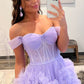 Lavender A-line Off-the-Shoulder Ruffle Layers Long Prom Dress      S3227