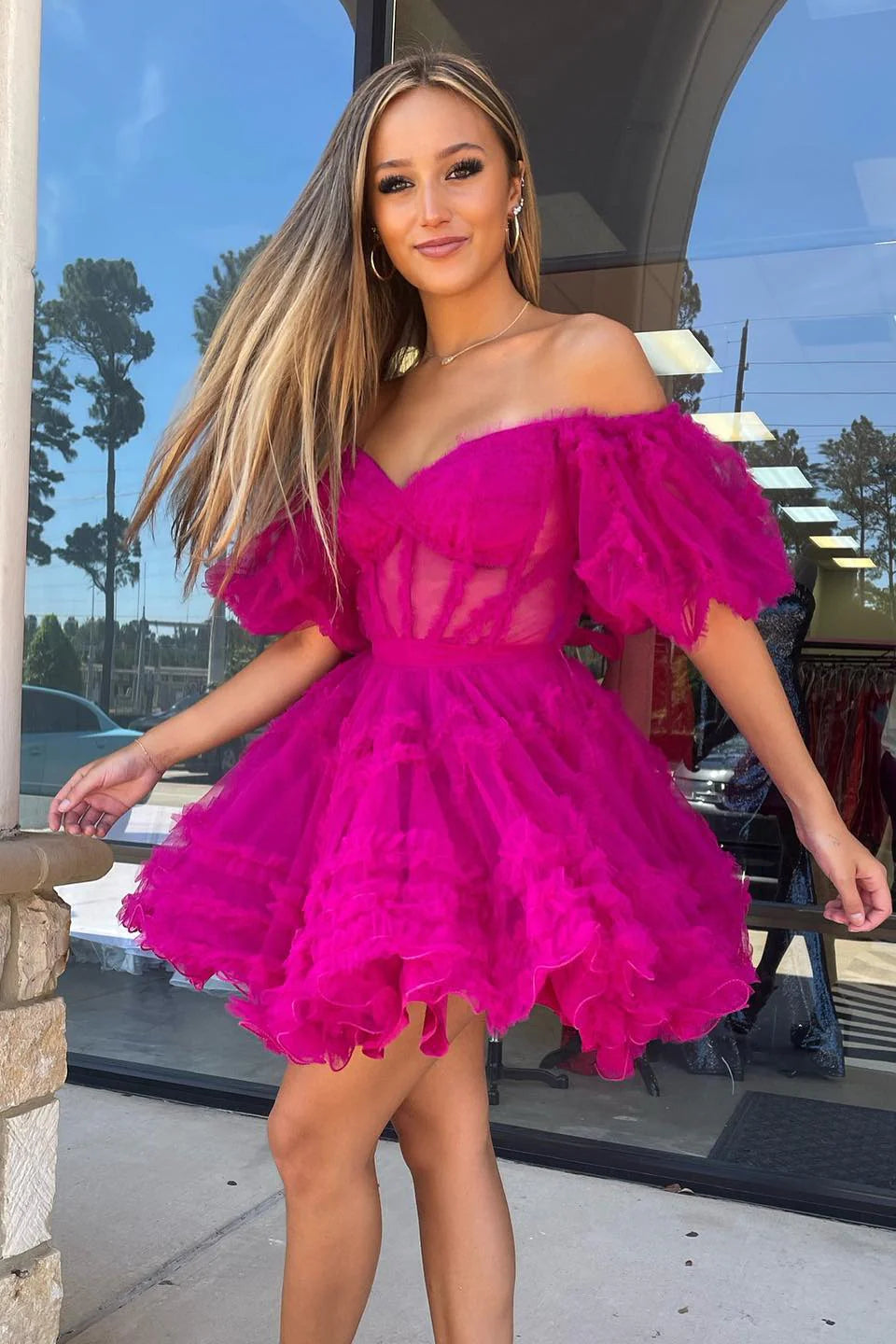 Off-the-Shoulder Ruffles Puff Sleeves Homecoming Dress      S2831