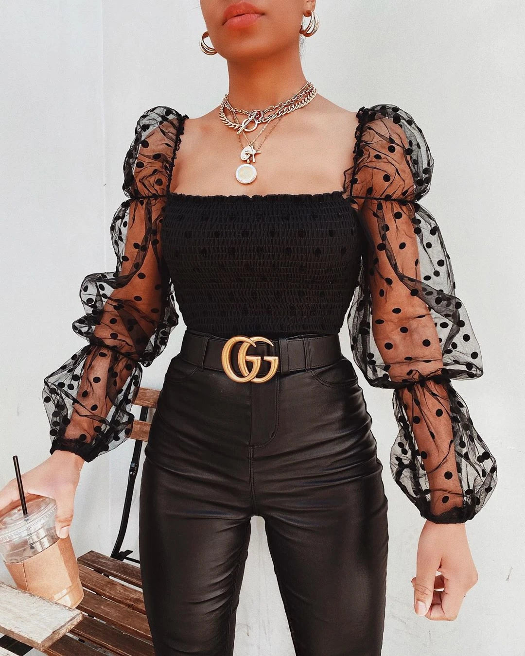 Women Mesh Sheer Blouse Chiffon See-through Long Sleeve Top Shirt Blouse Fashion Organza Shirt     S2506