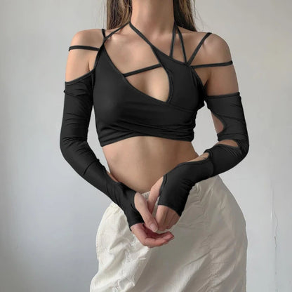 New Women Halter Tops Long Sleeve Crop Top Sexy Cut Out Casual T-shirts  S2503
