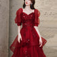 Chic Wine Red High Low Short Sleeves Party Dress, Wine Red High Low Homecoming Dress     S2558