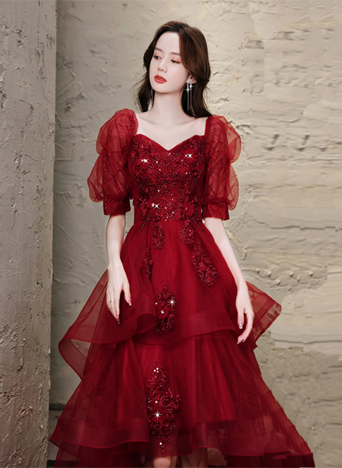 Chic Wine Red High Low Short Sleeves Party Dress, Wine Red High Low Homecoming Dress     S2558