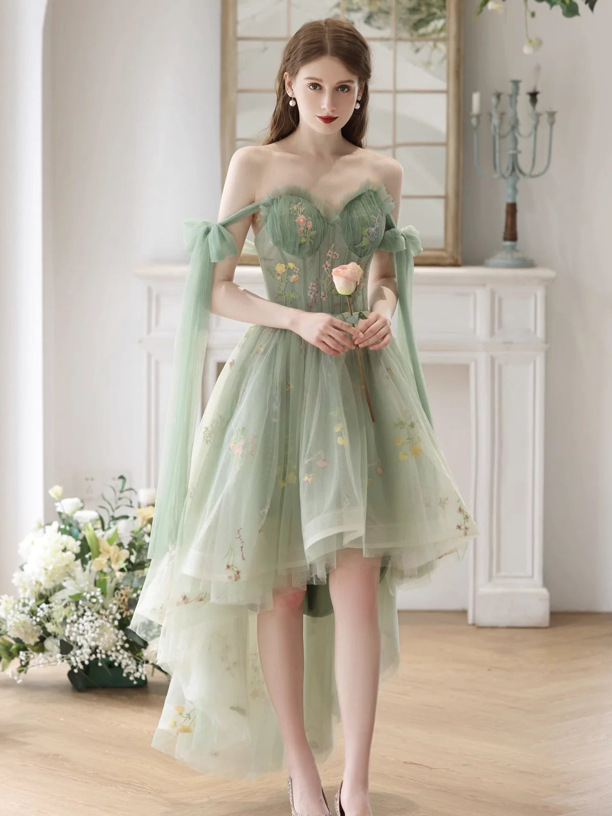 Light Green High Low Sweetheart Straps Formal Dress, Floral Tulle Homecoming Dress   S2561