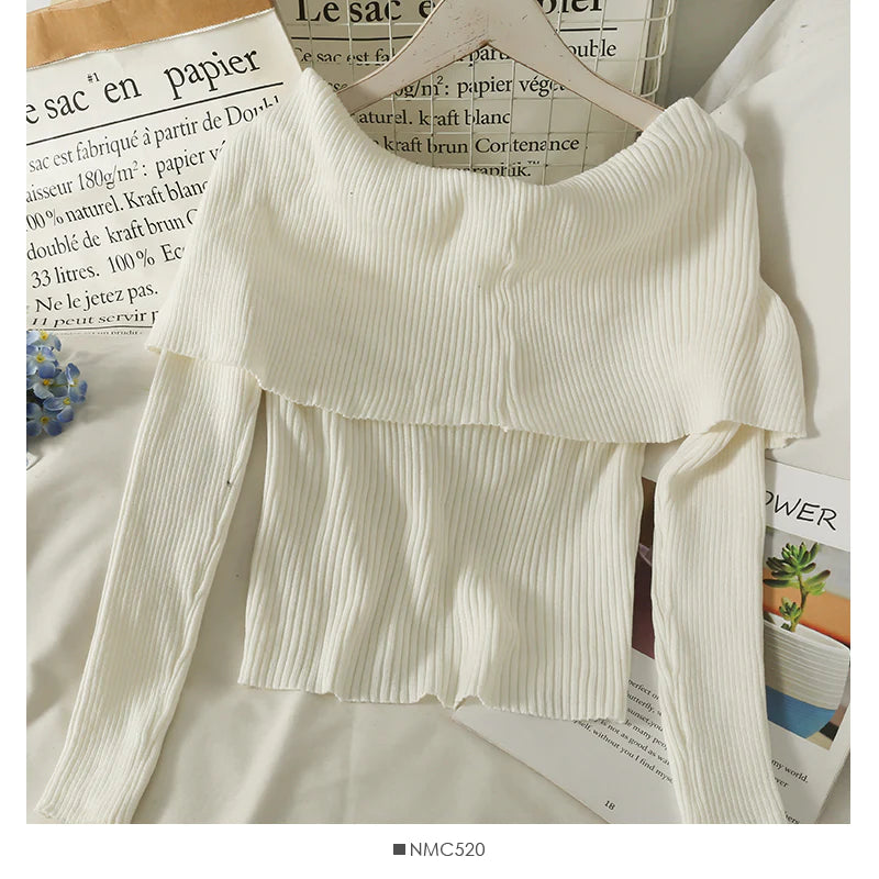 French minority design, one line shoulder with clavicle exposed, short long sleeve T-shirt     S2515