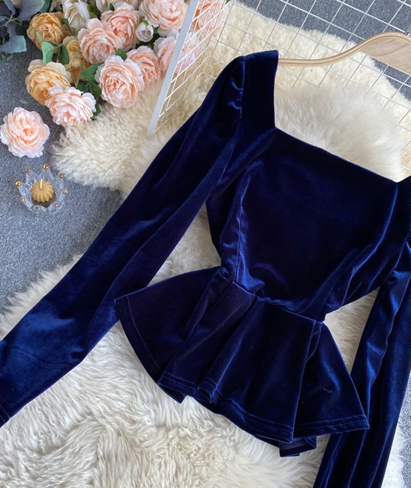 Simple velvet long sleeve tops    S2539