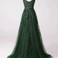 Dark Green Tulle With Lace Beaded Straps Prom Dress, Green Long Formal Dress Party Dress    S2559