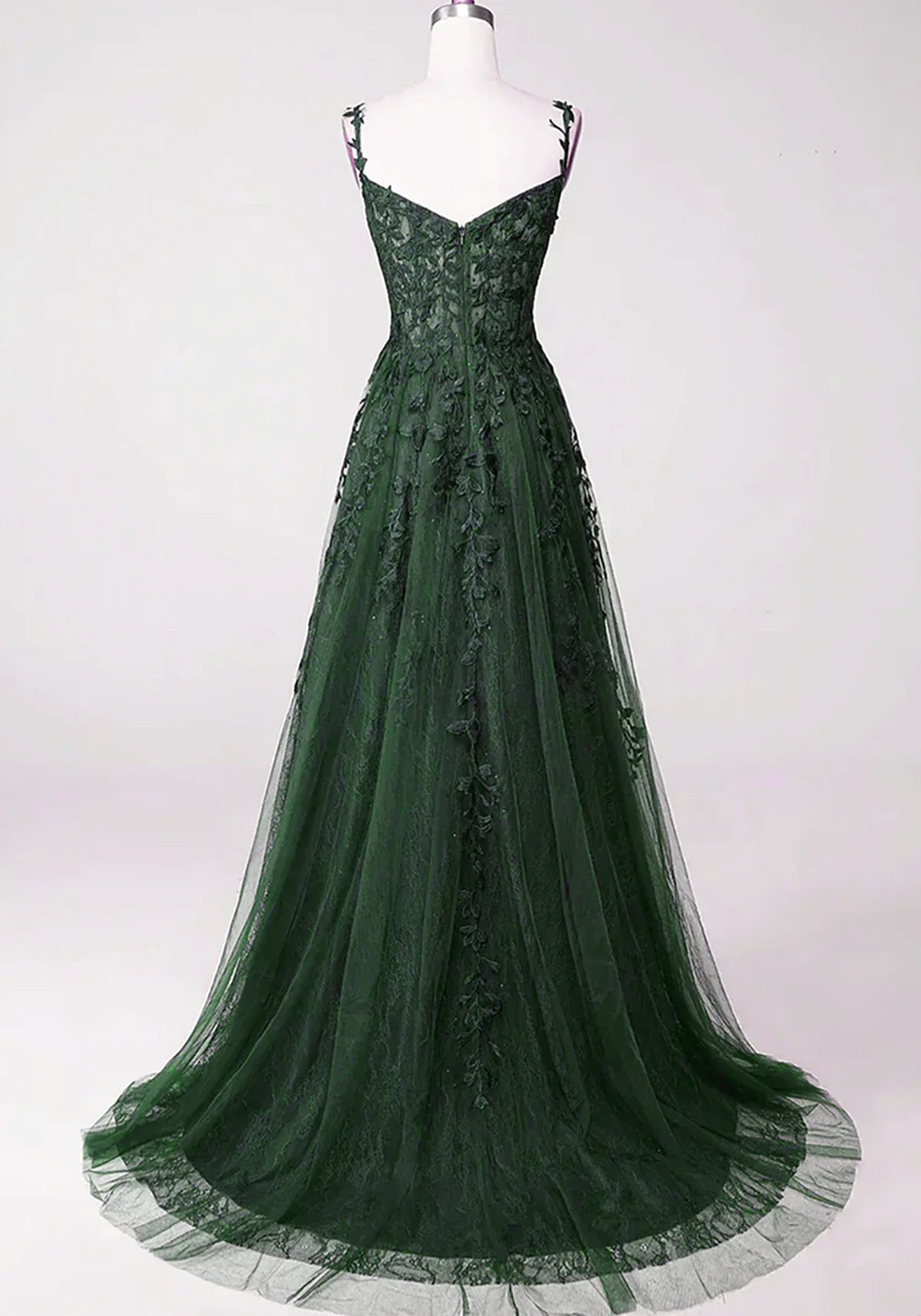 Dark Green Tulle With Lace Beaded Straps Prom Dress, Green Long Formal Dress Party Dress    S2559