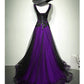 A-Line Black And Purple Tulle V-Neckline Beaded Prom Dress, Black Tulle Formal Dress   S2560