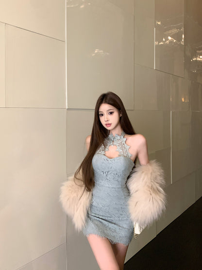 Sexy halter neck slim fit hip skirt hollow dress dress R0544