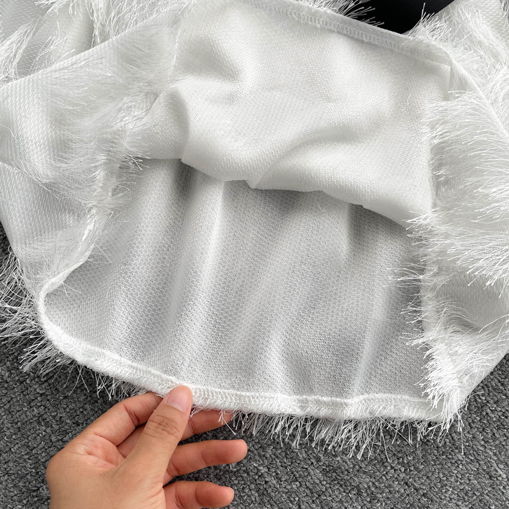 French dress with fur tassel design, small and chic temperament A-line short skirt R2274