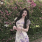 Purple V-neck floral one-shoulder dress gentle temperament waist A-line long skirt R0776