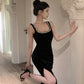 Black square neck suspender dress slim fit slit Hepburn style velvet hip dress R1424
