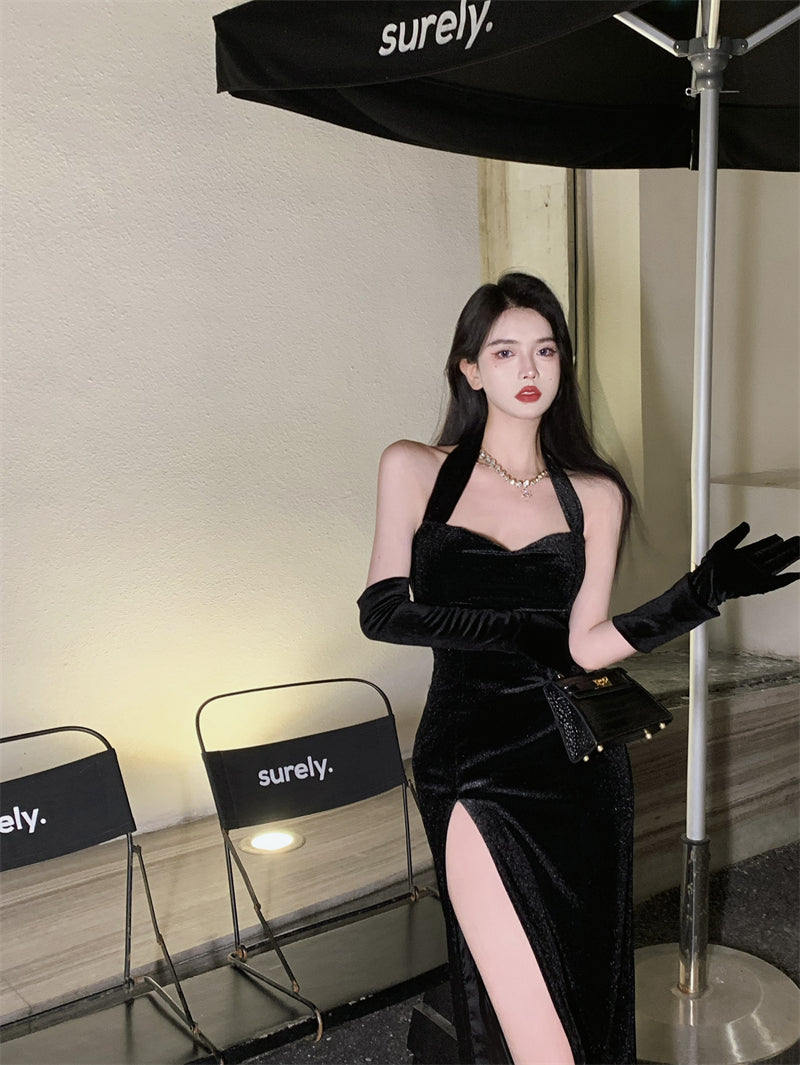 Sexy black halter neck velvet dress high-end slit backless evening party dress R1425
