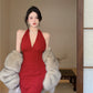 Hong Kong style retro wine red sleeveless backless slit halter neck dress beach dress R1426
