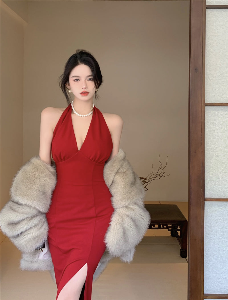 Hong Kong style retro wine red sleeveless backless slit halter neck dress beach dress R1426