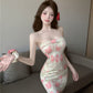 Fashionable and sexy one-shoulder floral tube top dress French style backless tight slimming hip skirt R3750